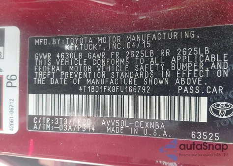 2015 Toyota Camry Le из США, поврежденный, VIN 4T1BD1FK8FU166792